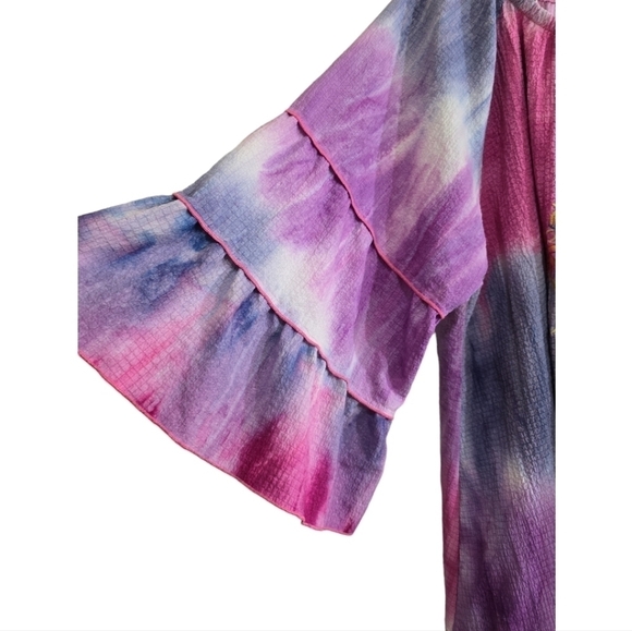 Calessa Tie Dye Floral Embroidered Round Neck Tunic Top 2X Wide Bell Sleeves - Picture 3 of 7